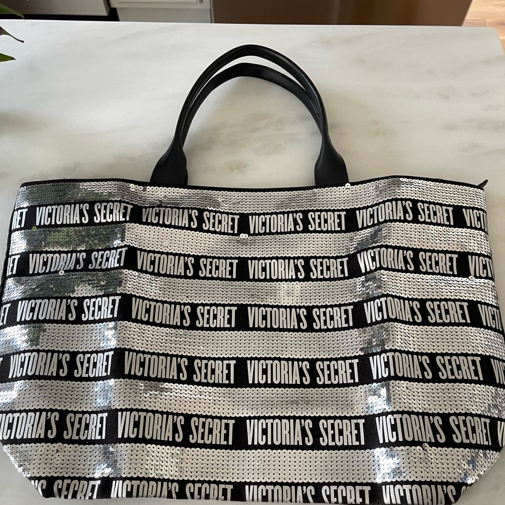 Victoria's Secret Black and Silver Sequin Tote Bag